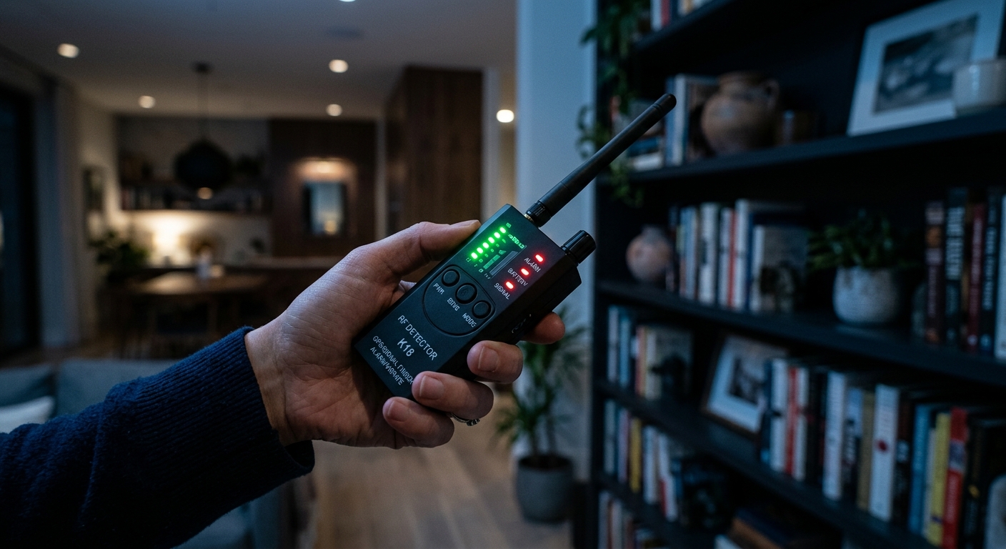 אדם מחזיק גלאי תדרים (RF Detector) מסוג K18 וסורק חדר מגורים לאיתור מצלמות נסתרות, מכשירי ציתות וציוד מעקב.